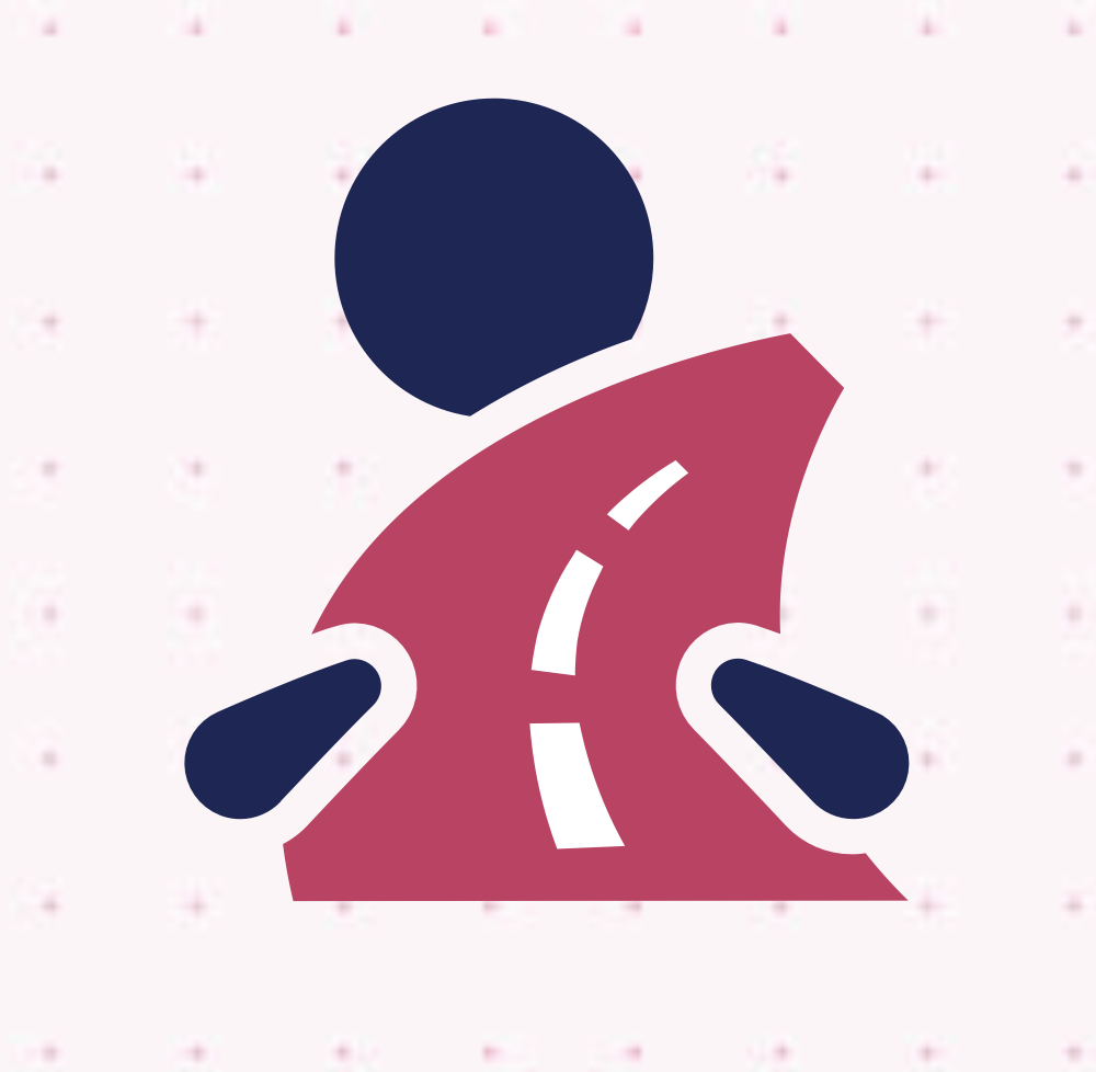 Abstract figure wearing a pink cloak with a dark blue head and hands, stylized and simplified.