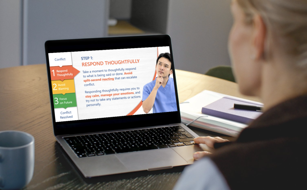 Laptop screen shows a conflict-resolution slide: 'Step 1: Respond Thoughtfully' with a thinking person on the right and a vertical, color-coded 1–3 steps list on the left (Respond Thoughtfully, Avoid Blaming, Focus on Future).