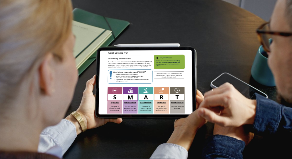 Tablet screen shows 'Goal Setting 101' with a SMART goals grid in colorful blocks, about goal planning.
